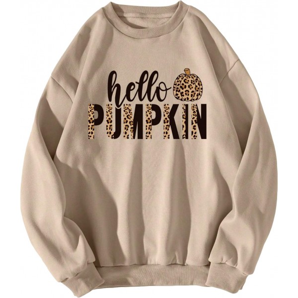  Women's Letter Graphic Print Round Neck Long Sleeve Sweatshirt Tops Pullovers Apricot Leopard Print